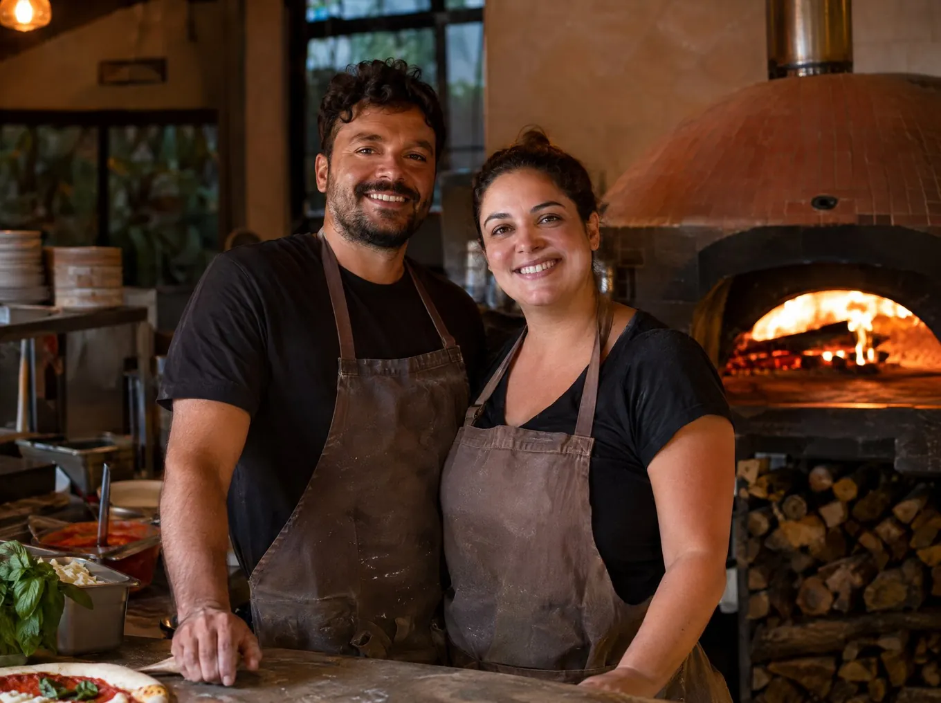 Casal dono de pizzaria atrás do balcão