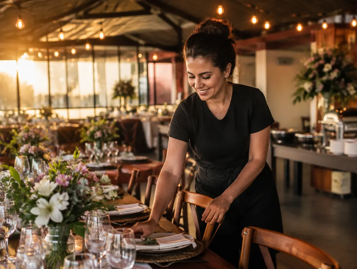 Dona de espaço de eventos arrumando uma mesa de banquete decorada