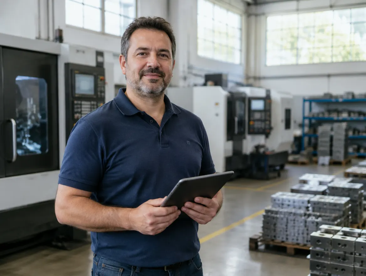 Dono de pequena indústria metalúrgica no chão de fábrica com um tablet